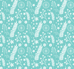  Seamless pattern with flowers and branches in rural style in white and turquoise colors. For wallpapers, decoration, invitation, fabric, textile, print, web page background, gift and wrapping paper.