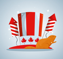 Sticker - patriotic hat with fireworks and beaver to canada holiday