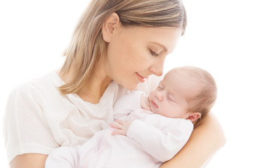 Newborn Baby and Mother, Mom with Sleeping New Born Kid on hands, Two Weeks Old Child on White