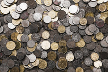 Pile Of Golden Coin, Silver Coin, Copper Coin. Thai Coins Baht, King Rama 9