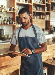 Poster - Small business owner at his coffee shop using digital tablet