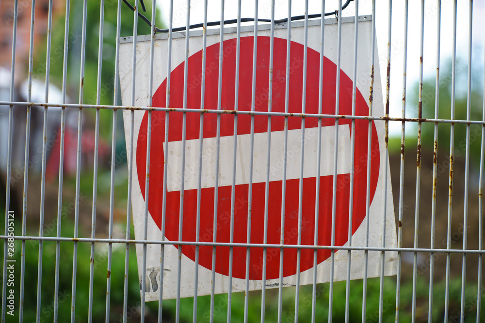 Red and White British No Entry Road Sign with Steel Fence, Red Stop ...