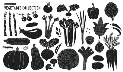 Scandinavian hand drawn vegetables. Monochrome graphic. Fruits background. Linocut style. Healthy food. Vector illustration