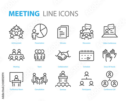 Photographie set of meeting icons, such as seminar, classroom, team, conference, work, classr