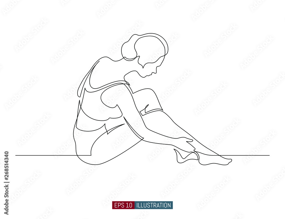 Continuous line drawing of girl sitting on the floor. Template for your ...