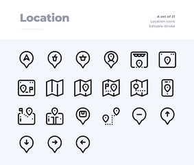  Map and Location Line Icons. Material design pixel perfect icon. Editable Stroke. 32x32 Pixel Perfect icon