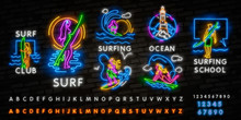 Surfing Poster In Neon Style. Glowing Sign For Surf Club Or Shop. Surfboards Electric Icons On Brick Wall Background. Extreme Sport, Activity And Leisure Design. Night Neon Sign, Colorful Billboard