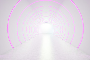 Wall Mural - Empty round white and pink neon corridor