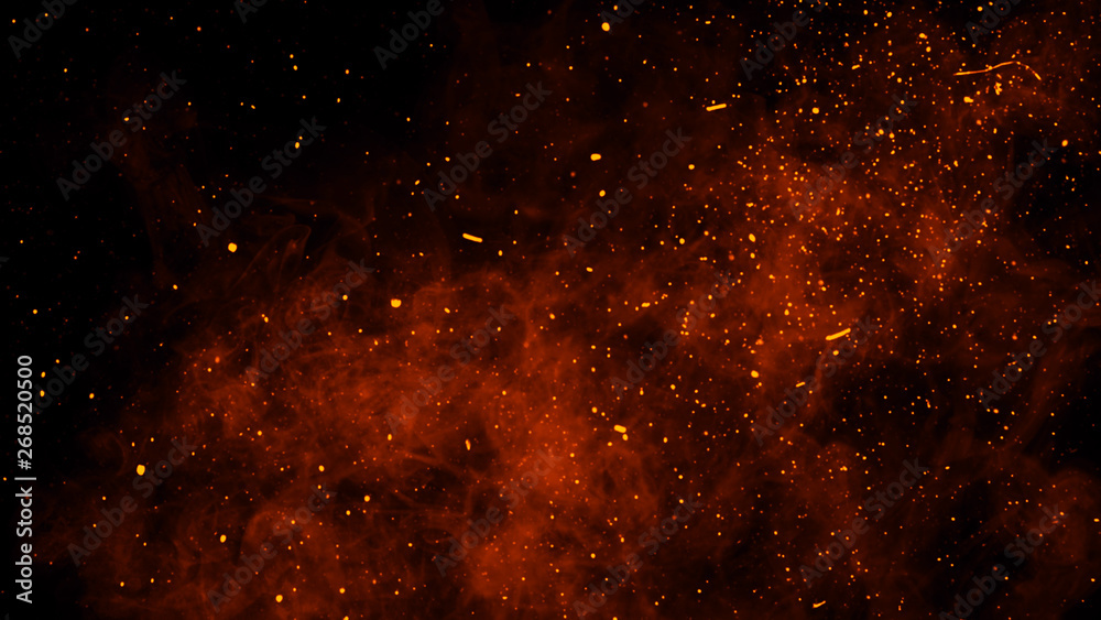 Fire embers particles texture overlays . Burn effect on isolated black background. Design texture. - obrazy, fototapety, plakaty 