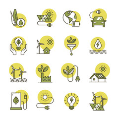 Wall Mural - green energy, solar panels, biofuel, and other icons. clean energy icons made in a line style and is