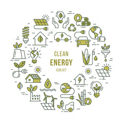 Wall Mural - Circular concept set of vector green power symbol made with the wind, solar, water and biomass icons in the line style with place for text. Environmental protection illustration.