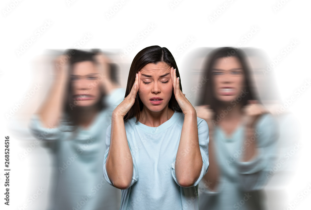 Female suffering from uncontrollable thoughts, overwhelmed with inner conflict stress, mental illness, hormonal issues - obrazy, fototapety, plakaty 