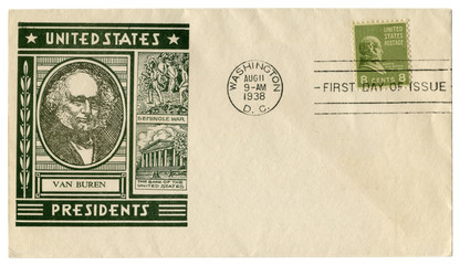 Washington D.C., The USA  - 11 August 1938: US historical envelope: cover with cachet portrait of 8th President Martin Van Buren, green postage stamp  1837 - 1841, eight cents, first day of issue