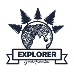 Sticker - earth planet with pines trees and ribbon to wanderlust explorer