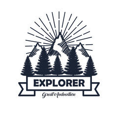 Sticker - snowy mountains with pines trees and ribbon to wanderlust explorer