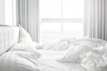 Aufkleber - Comfortable bedroom,messy bedding sheets and duvet with wrinkle messy in the bedroom