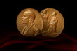 Alfred Nobel Prize. Two medals standing on red fabric.