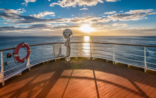 Wooden Deck And Railing From Cruise Ship. Beautiful Sunset And Ocean View.