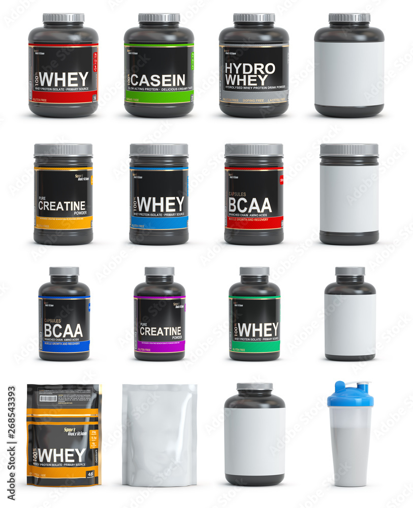 Sport nutrition containers. Set of templates of jars and packs of differnt types. Whey, bcaa and creatine. - obrazy, fototapety, plakaty 