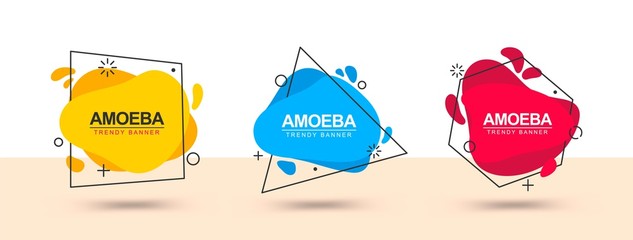 Poster - Trendy flat banners of three colors in the style of memphis design. Set of modern banners for the design of ad, marketing, social networks, web, typography and for more.