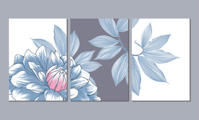 A set of three wall paintings, canvas for the living room. Poster element for interior design of a dining room, bedroom, office. Abstract floral background with dahlia flowers.Home decor of the walls