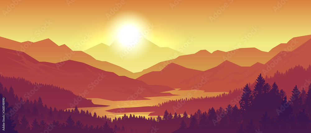 Mountain sunset landscape. Realistic pine forest and mountain silhouettes, evening wood panorama. Vector illustration wild nature background - obrazy, fototapety, plakaty 