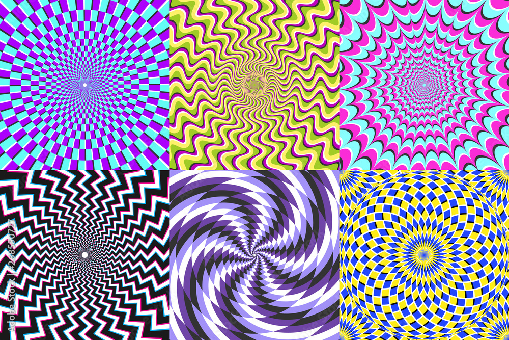 Psychedelic spiral. Optical illusion, delusion spirals and colorful abstraction hypnosis spiral vector illustration set - obrazy, fototapety, plakaty 