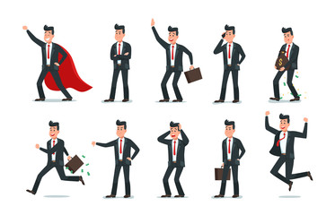 Wall Mural - Businessman characters. Man of affairs, office computer work and business worker character vector illustration collection