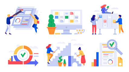 Agile development. Scrum board sprints, kanban management team tasks and business agility work strategy vector illustration set
