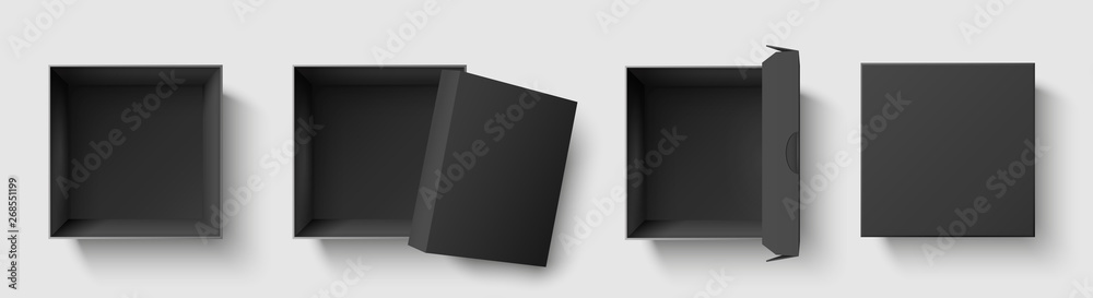 Black top view box. Dark package square boxes with open cap, empty cube packages mockup 3d isolated template vector illustration set - obrazy, fototapety, plakaty 
