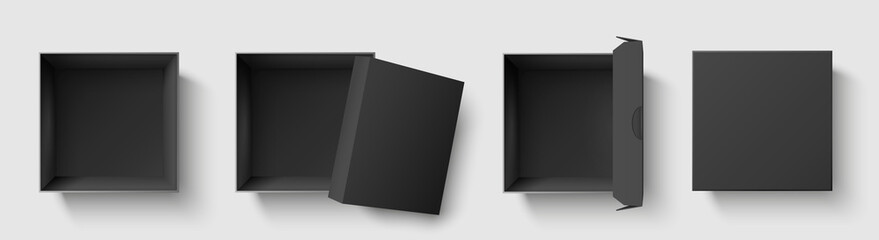 black top view box. dark package square boxes with open cap, empty cube packages mockup 3d isolated 