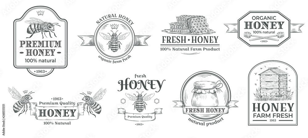 Honey farm badge. Beekeeping logo, retro bee badges and vintage hand drawn mead label vector illustration set - obrazy, fototapety, plakaty 