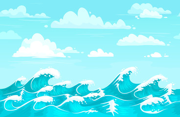 Wall Mural - Ocean waves backdrop. Sea water, storm wave and aqua seamless cartoon vector background illustration