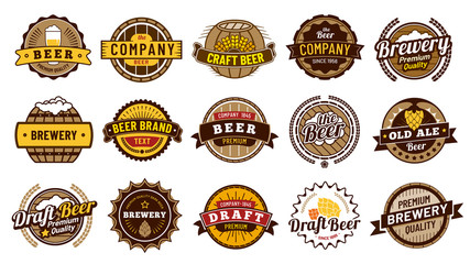 Wall Mural - Beer label badges. Retro beers brewery, lager bottle badge and vintage beer emblem isolated vector illustration set