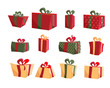 © LanaSham - Colorful Gift Box Collections. Set of present boxes flat . Happy birthday. Merry Christmas. Gifts with bows and ribbons. Set of wrapped gift boxes isolated