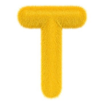 Colored, fluffy, hairy letter T. 3D rendering