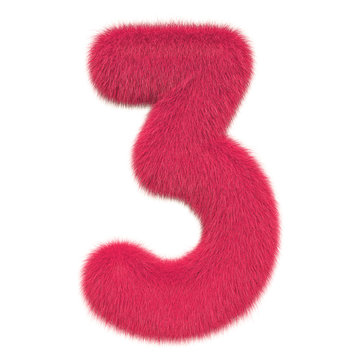 Colored, fluffy, hairy number 3. 3D rendering