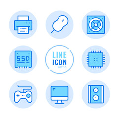 Poster - Computer parts vector line icons set. Computer hardware, monitor, CPU, mouse, gamepad, printer outline symbols. Modern simple stroke graphic elements. Round icons