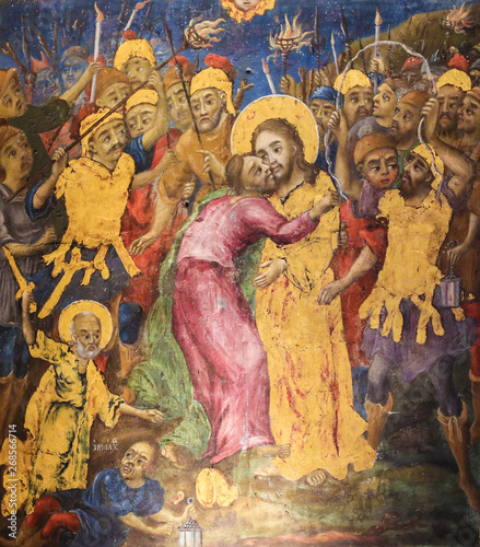 Fotografía Fresco of Judas betraying Jesus with a kiss in Church of the Holy Sepulchre, Jer