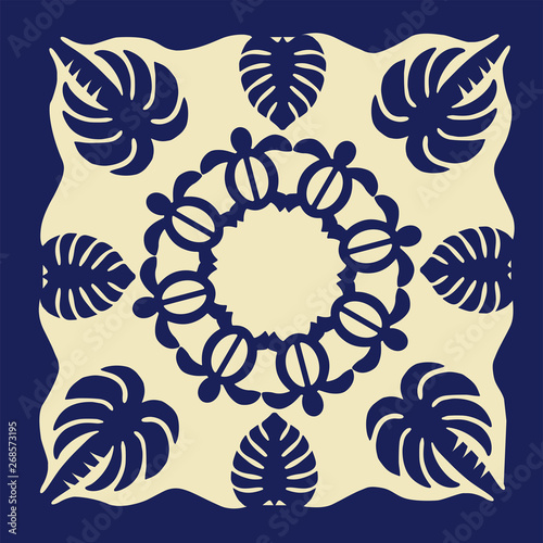 ハワイアンキルトのパターン 青 自然 椰子の木 亀 背景イラスト
