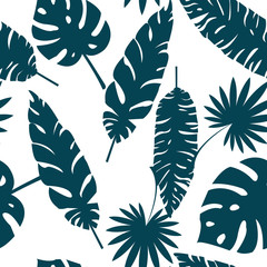  Seamless pattern made with green silhouettes of tropical leaves on white background. Tropic folage texture.Vector flat illustration