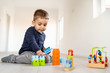 © Miljan Živković - Small boy playing with little brick block toys at home on the floor having fun