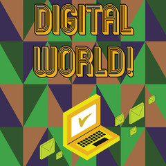 Poster - Writing note showing Digital World. Business concept for Inter connected through digital devices and social media Mail Envelopes around Laptop with Check Mark icon on Monitor