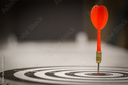 Cuadros en Lienzo Red dart arrow hitting in the target center of dartboard on bullseye with sun light vintage style, Target marketing and business success concept - Image