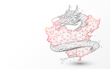 China map with chinese dragon from lines, triangles and particle style design. Illustration vector