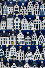 Traditional Souvenirs From Amsterdam Rows Of Delftware Porcelain Dutch Style Houses. Shop Display