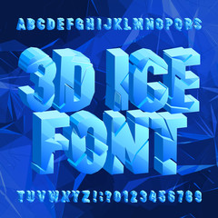 Fototapete - 3D Ice alphabet font. Broken frozen letters and numbers on blue polygonal background. Stock vector typescript for your typography design.