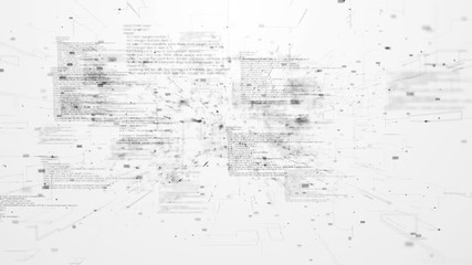 Fly through abstract 3D rendering of a scientific technology data binary code network conveying connectivity, complexity and data flood of modern digital age
