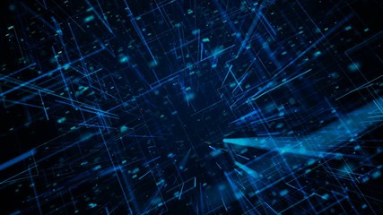 Fly through abstract 3D rendering of a scientific technology data binary code network conveying connectivity, complexity and data flood of modern digital age