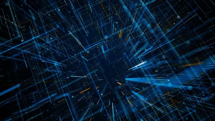Fly through abstract 3D rendering of a scientific technology data binary code network conveying connectivity, complexity and data flood of modern digital age